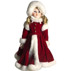 Vtg Anco 18" Porcelain Doll Karen Red Velvet Faux Fur Winter Outfit with Stand